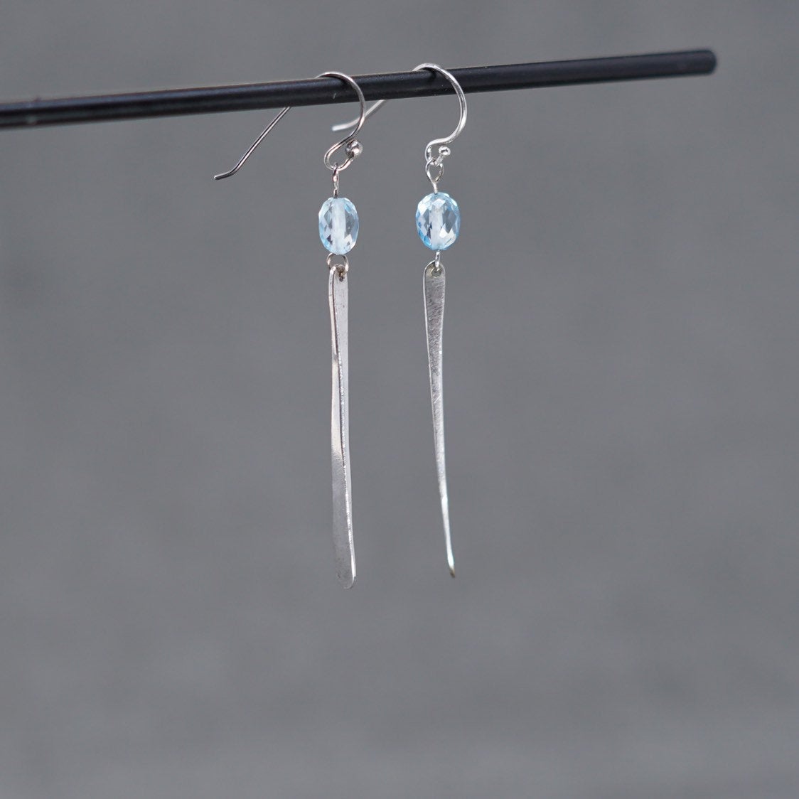 vtg Sterling silver handmade earrings, 925 long drops w/ blue crystal beads