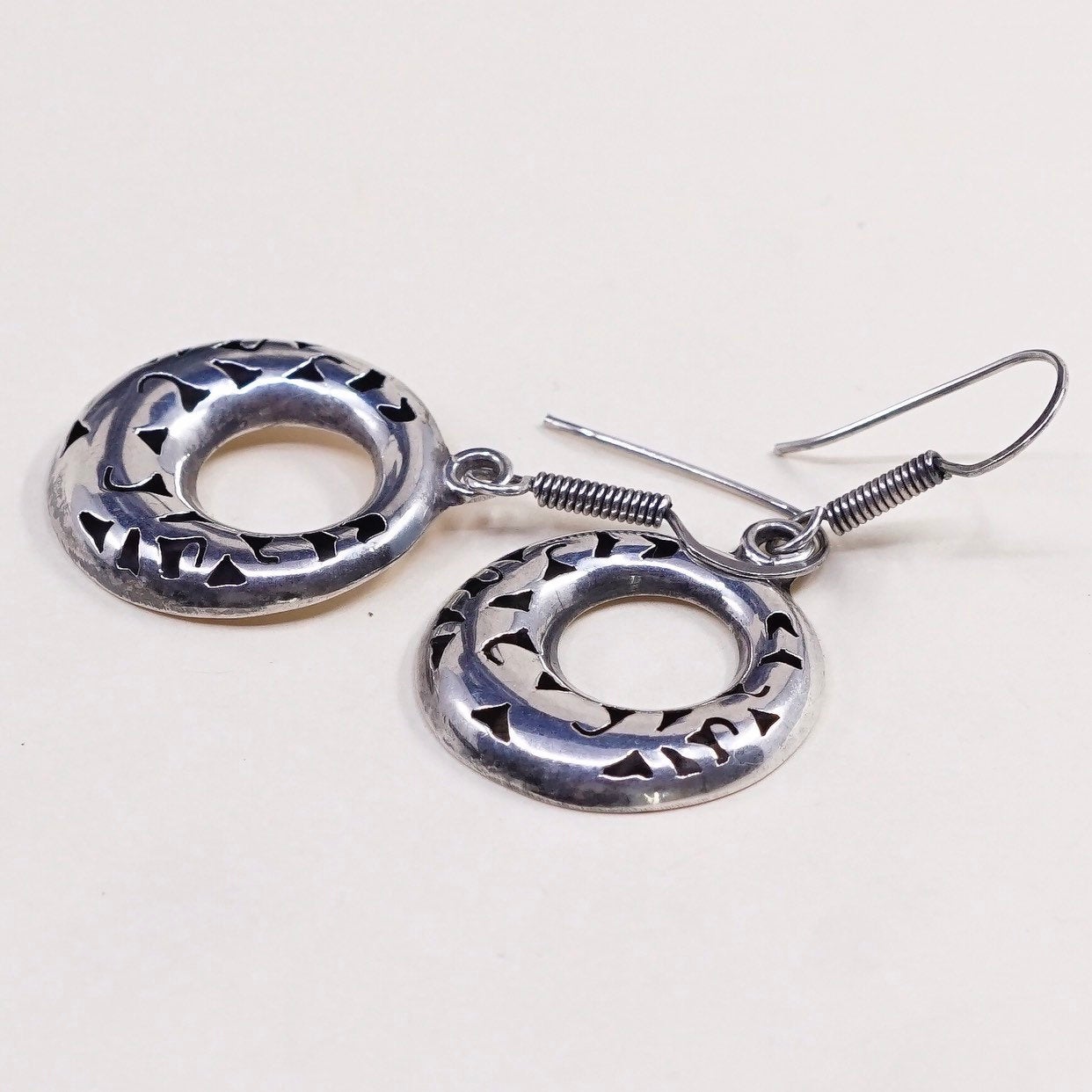 vtg Sterling silver handmade earrings, 925 silver circle disc dangles