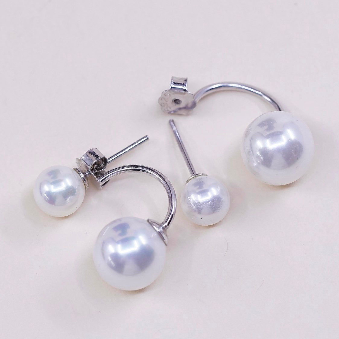 vtg Sterling silver handmade earrings, 925 silver with pearl drop, stamped 925