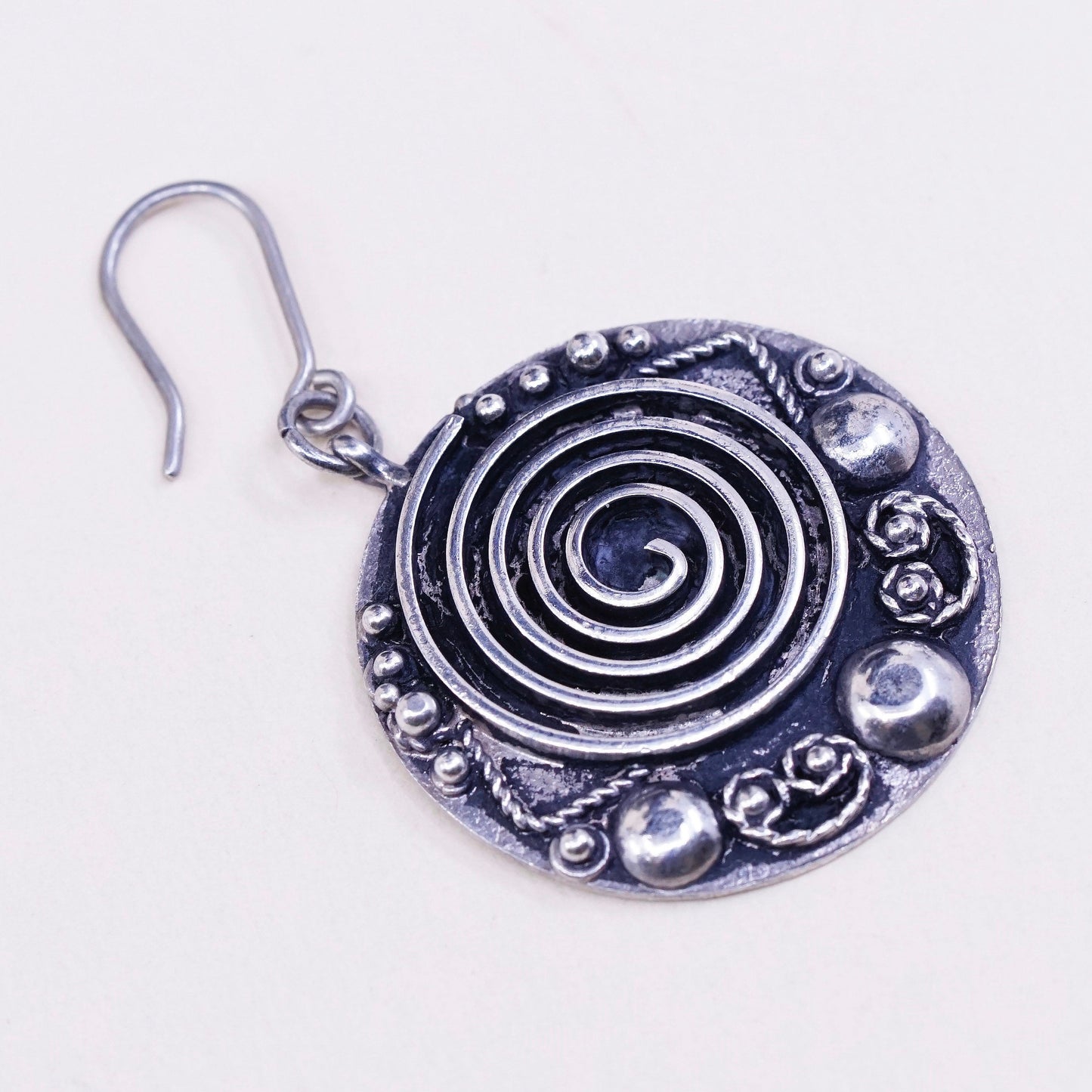 Vintage sterling silver handmade earrings, 900 swirl disc w/ beads