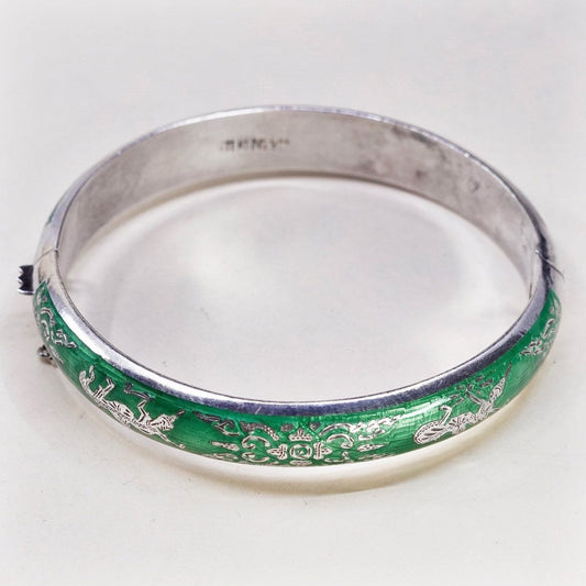 7.75", sterling silver story teller bangle, cuff, 925 bracelet w/ green enamel