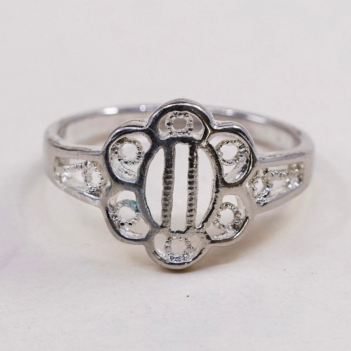 sz 9.25, vtg sterling silver handmade ring, 925 flower band w/ filigree