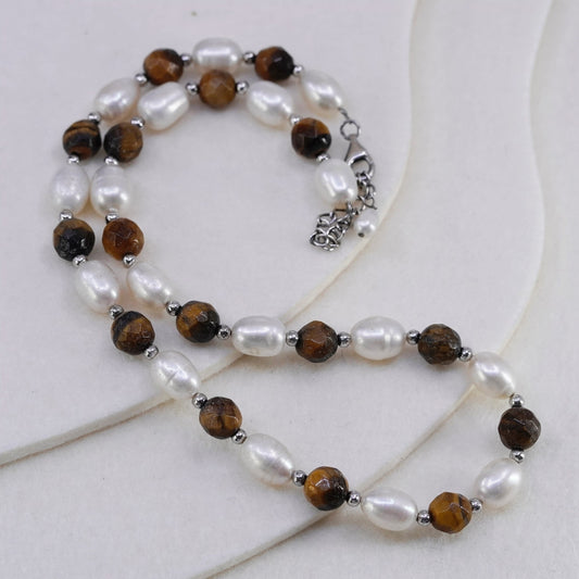 16+2”, Sterling 925 silver handmade necklace pearl golden tiger eye beads