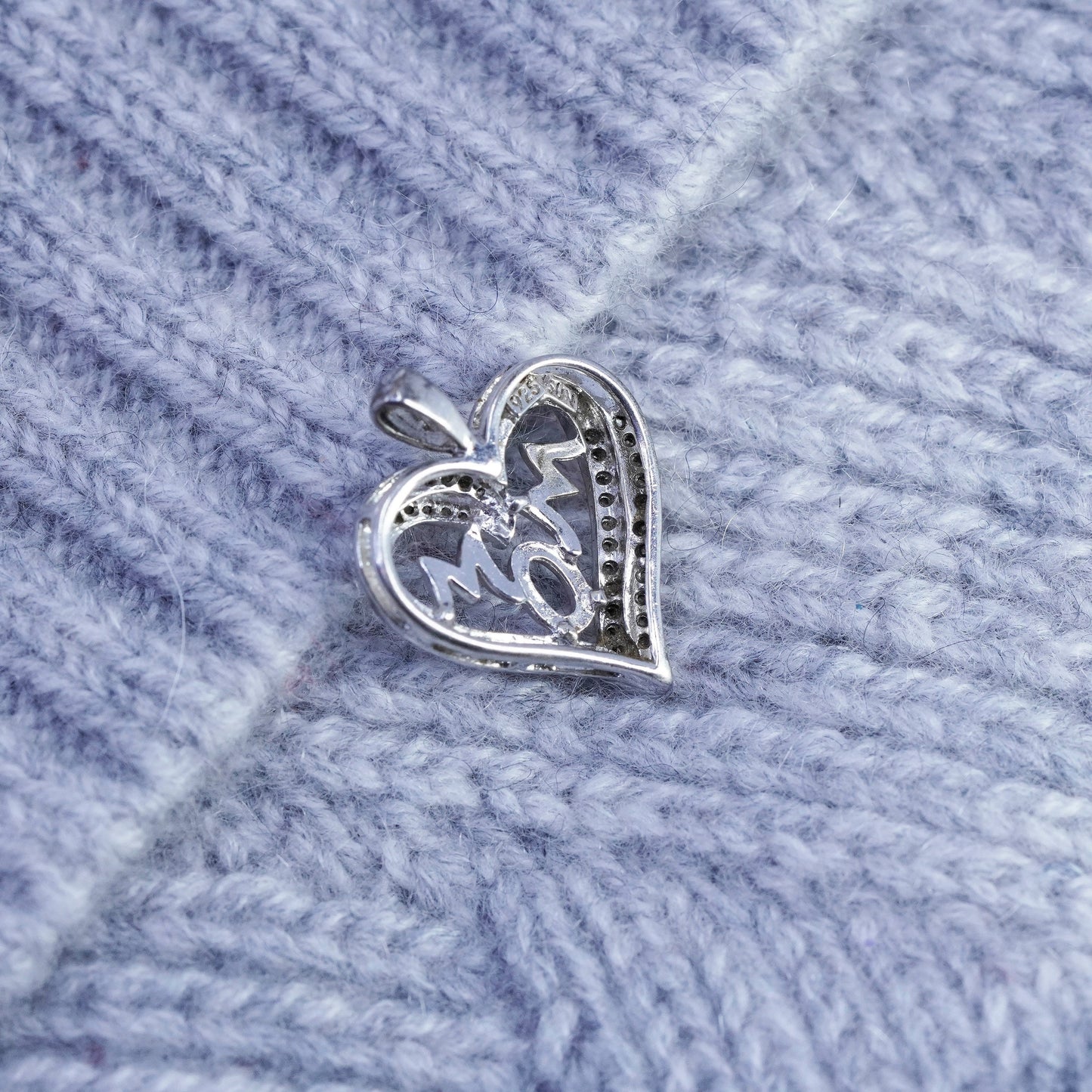 Vintage sterling 925 silver heart pendant with cluster diamond and mom