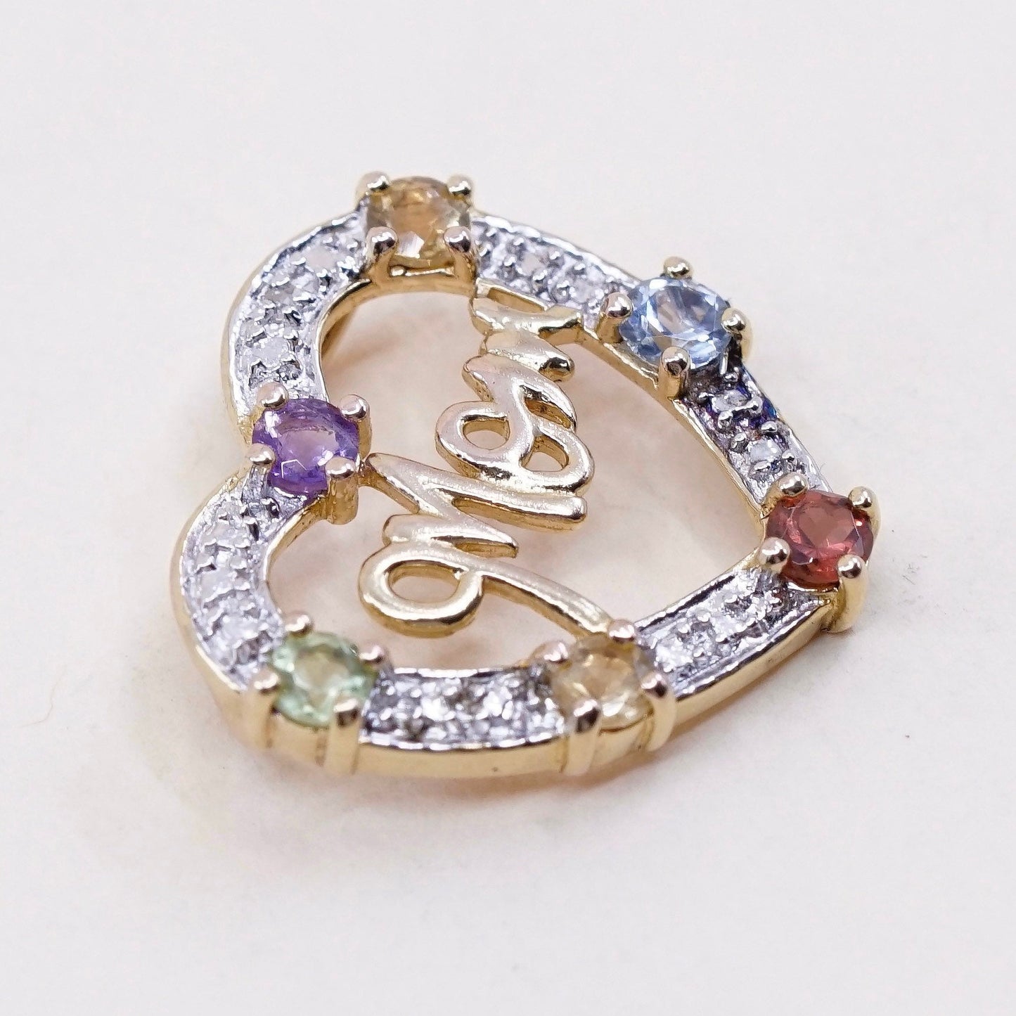 vermeil gold over sterling silver pendant, heart w/ “mom” ruby amethyst peridot