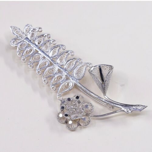 VTG Sterling Silver Handmade Filigree Flower Floral Leaves Leaf Brooch Pin