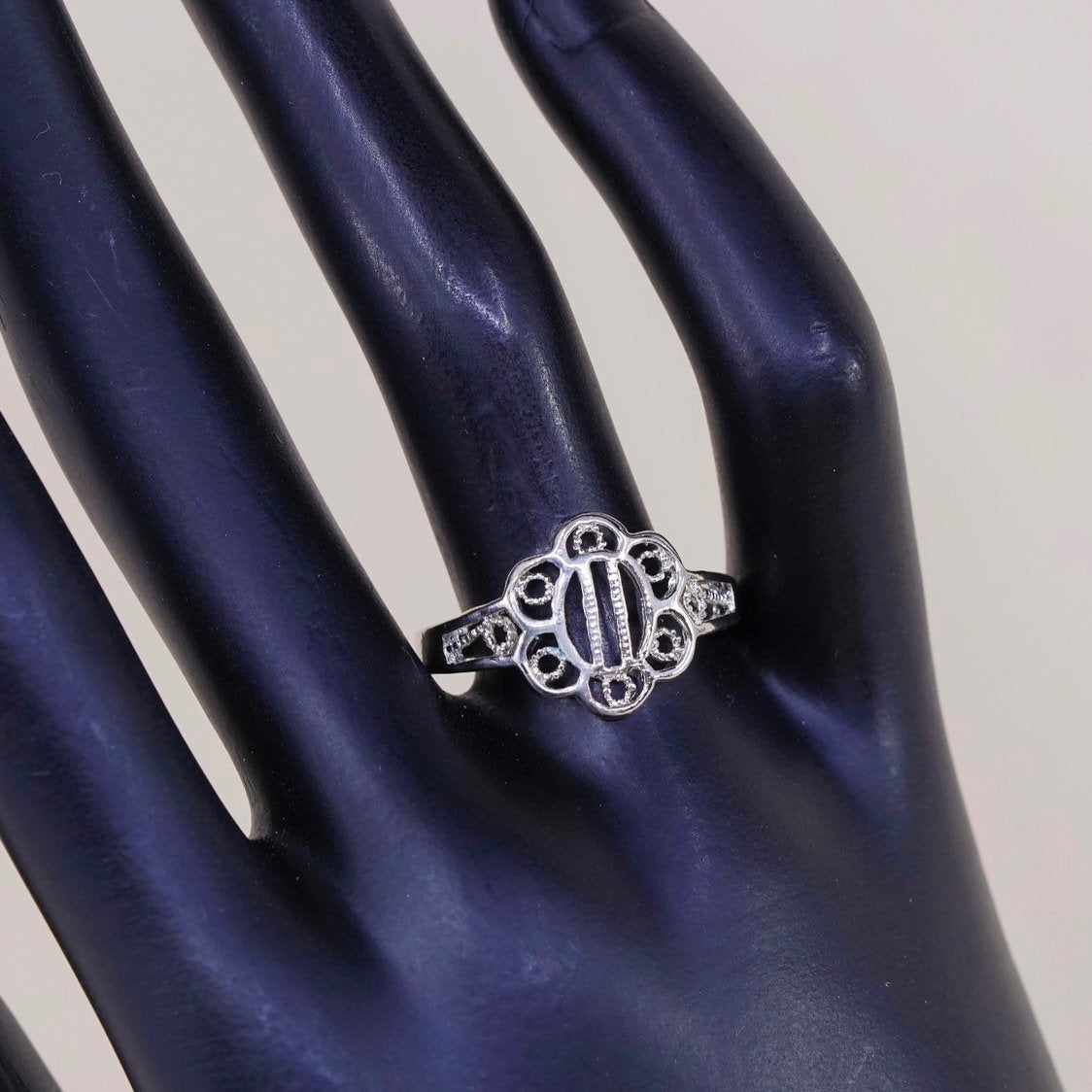 sz 9.25, vtg sterling silver handmade ring, 925 flower band w/ filigree