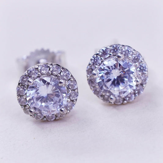 Vintage sterling silver earrings, 925 studs with cluster round cz