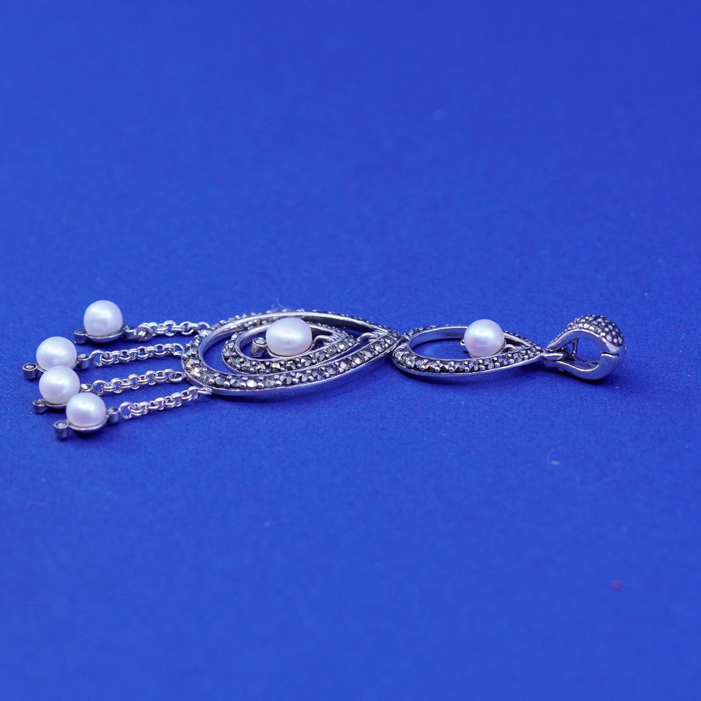 vtg Sterling silver handmade pendant, 925 teardrop with marcasite pearl fringe