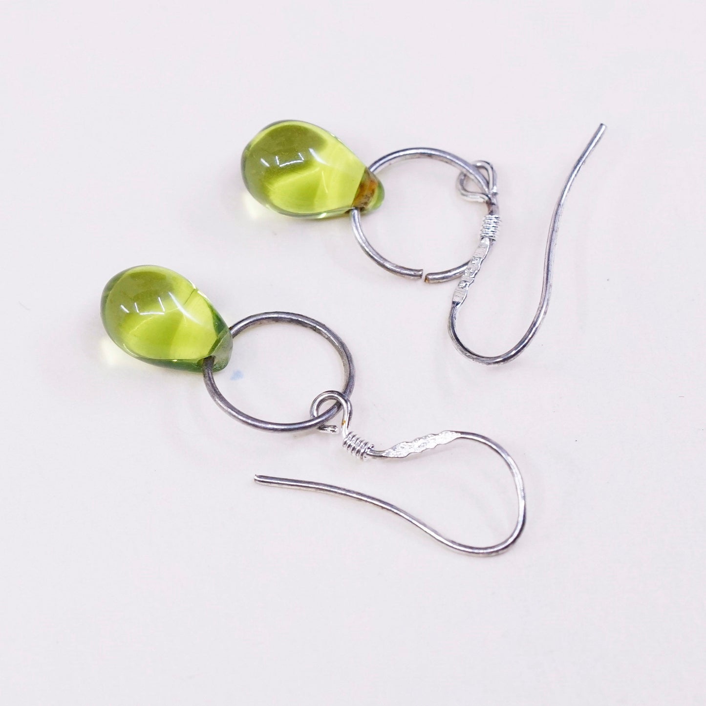 vtg Sterling silver handmade earrings, 925 hooks with green glass teardrop