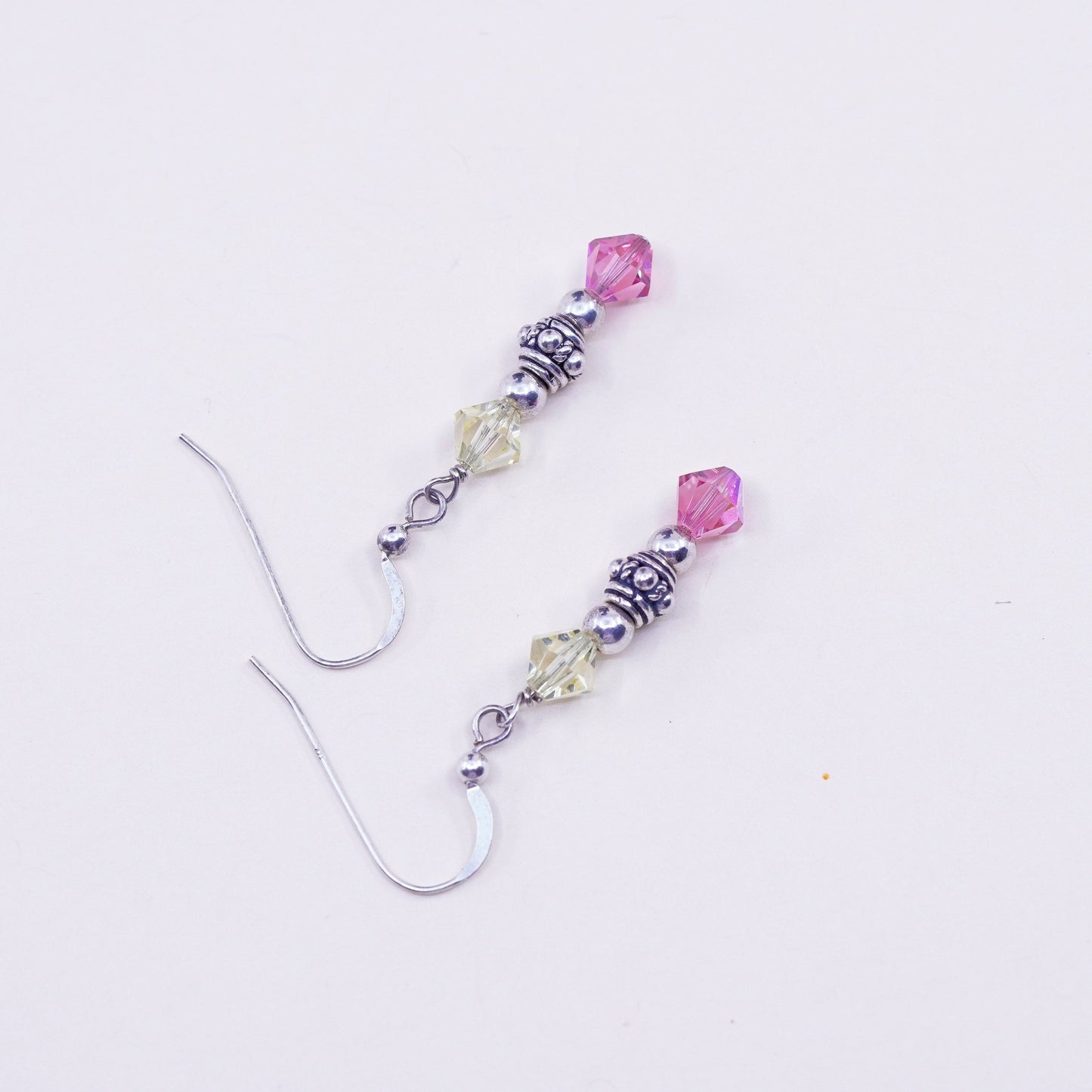 Vintage Sterling silver handmade earrings, 925 hooks with pink crystal