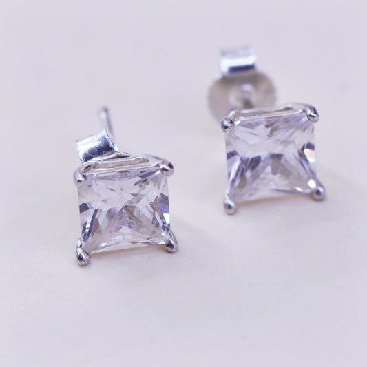 4mm Vintage sterling 925 silver square clear CZ studs, fashion minimalist earrings, stamped 925