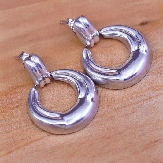 Vintage Sterling silver handmade earrings, Modern 925 ribbed circle dangles