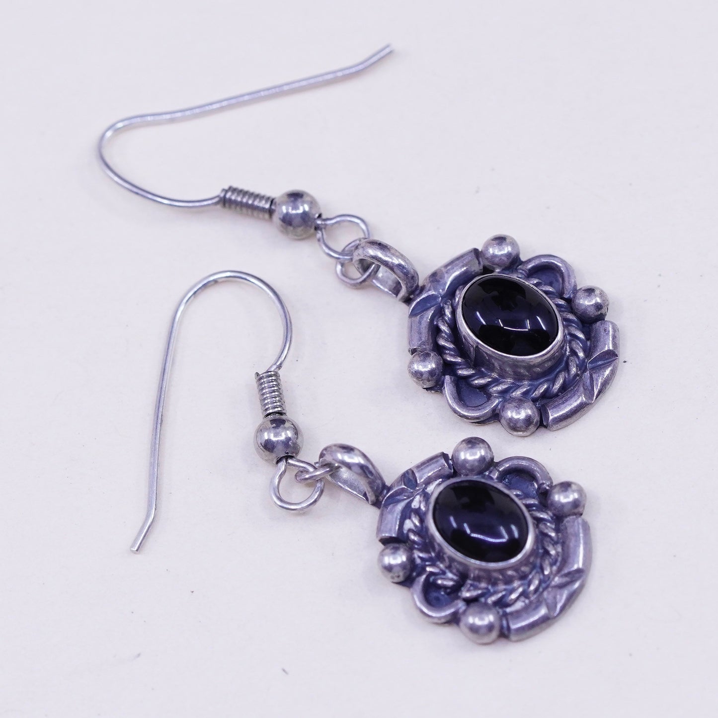 Vintage Sterling silver handmade earrings, 925 oval obsidian and beads