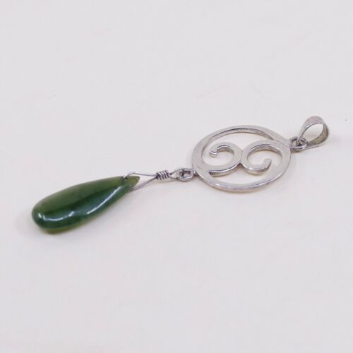 Vtg Sterling Silver Handmade Swirl Pendant w/ Teardrop jade, Stamped 925