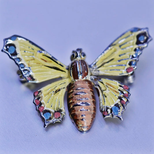 Vintage vermeil gold over sterling silver handmade brooch, 925 enamel butterfly