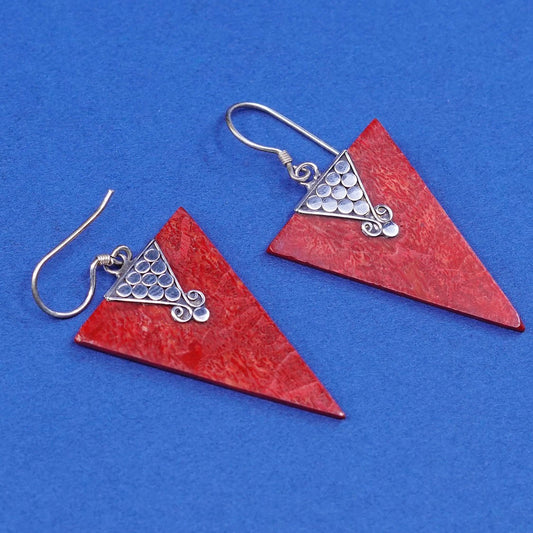 vtg Sterling silver handmade earrings, 925 hooks w/ red coral Dangles