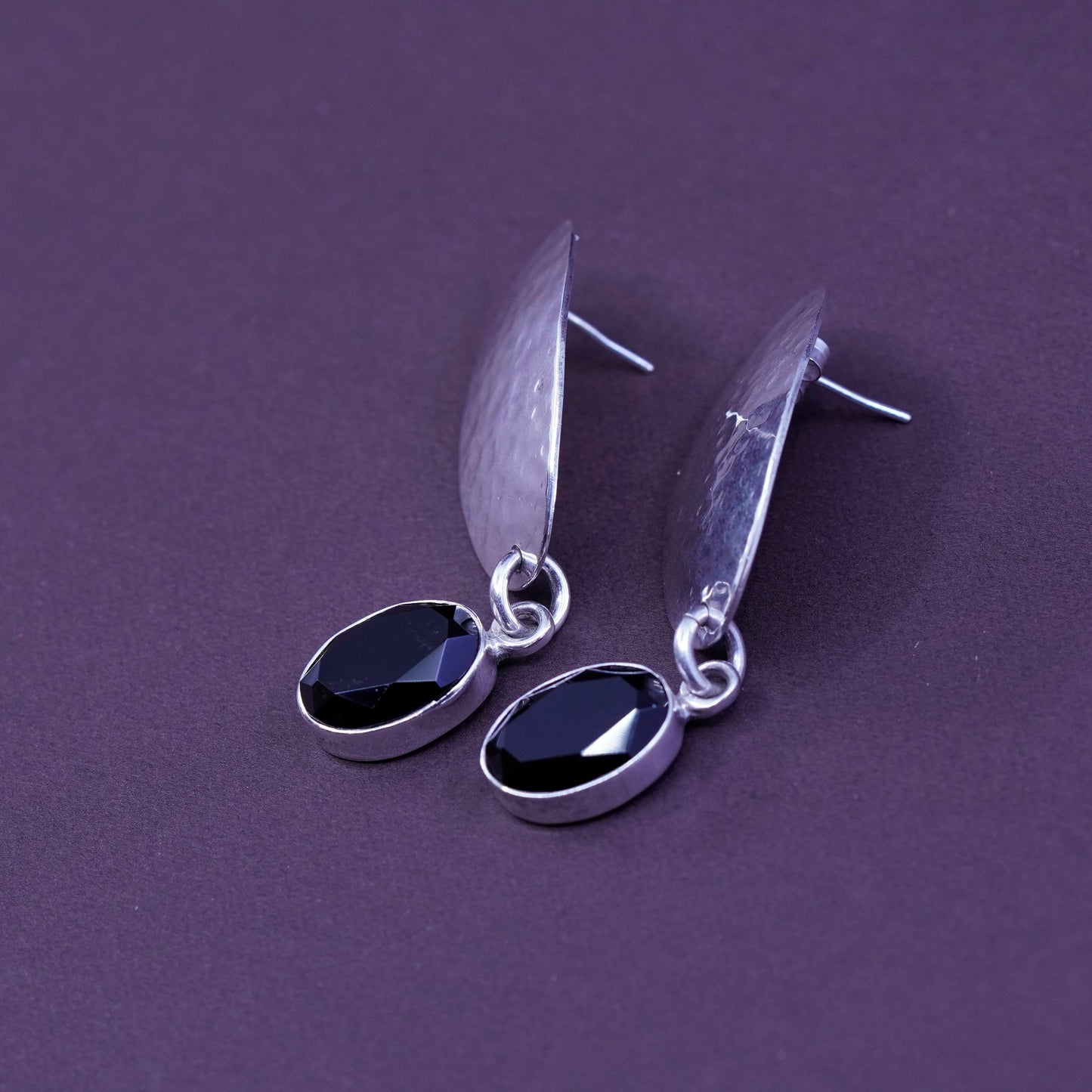 handmade sterling silver earrings, 925 oval hammered disc with obsidian dangles