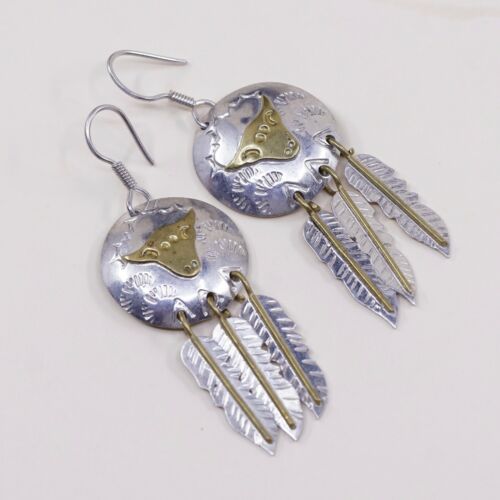 Vtg two tone handmade Sterling 925 Silver Earrings W/ Ox N Feather Dangles