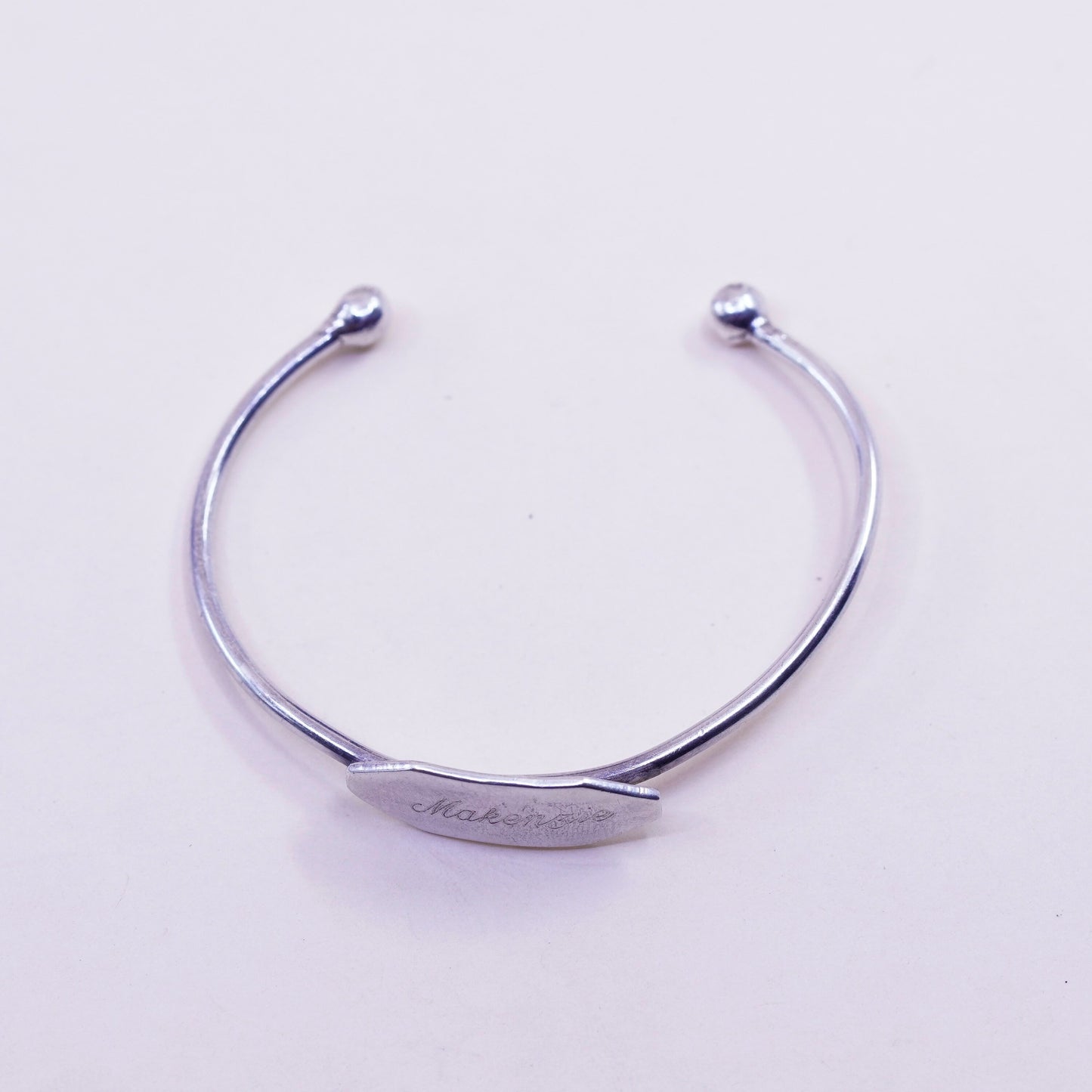 5.5”, Sterling silver baby bracelet, Mexico 925 cuff engraved name “makengie”