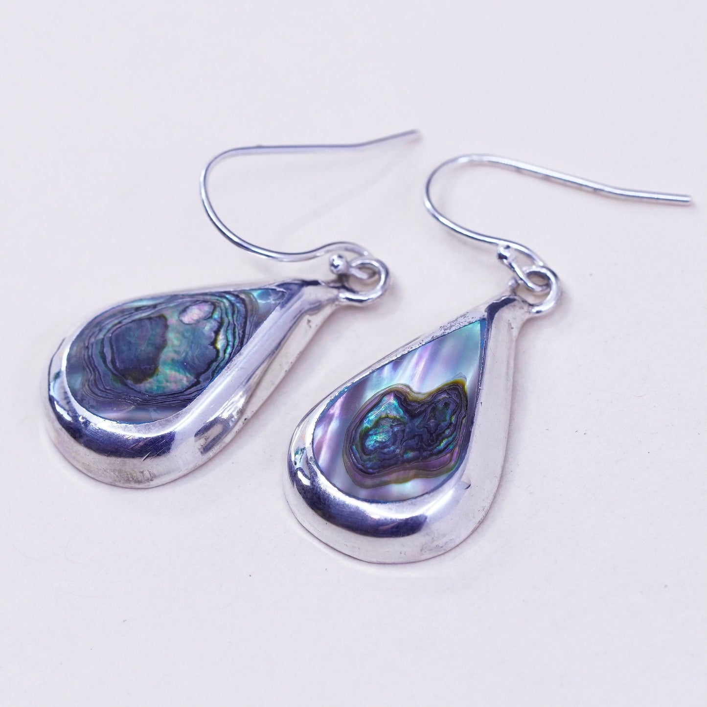 Vintage Mexico sterling 925 silver handmade teardrop earrings with abalone