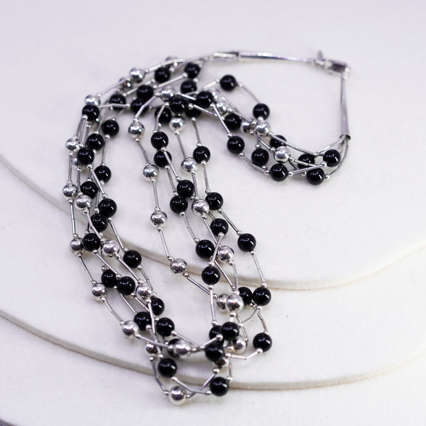 18”, Native American Sterling 925 multi strands liquid silver necklace obsidian