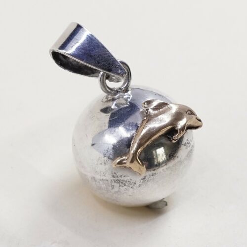 Vtg Two Tone Mexico Handmade Sterling Silver Pendant, 925 Dolphin Bell Chime