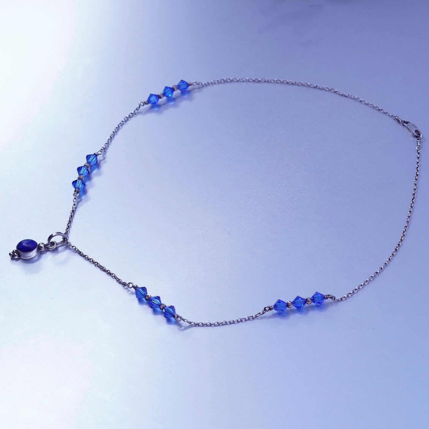 20”, Sterling 925 silver handmade double circle necklace lapis lazuli Crystal