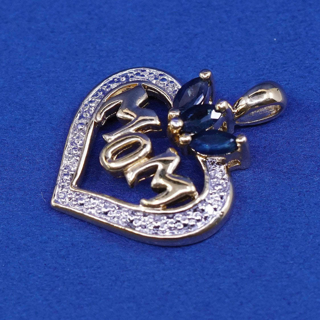 Vermeil gold Sterling silver handmade pendant 925 heart w/ mom sapphire diamond