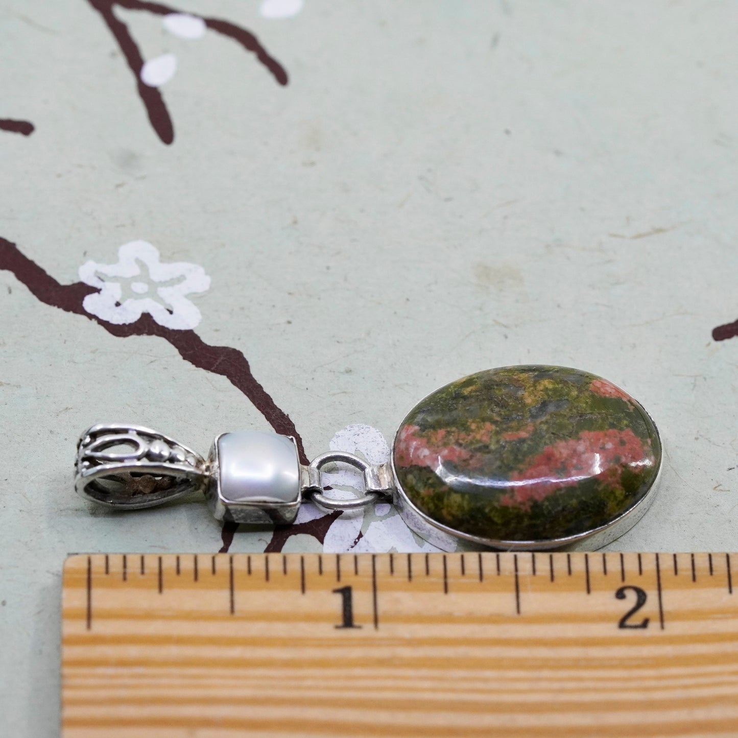 Vintage Sterling silver handmade pendant, oval Australian jasper with pearl