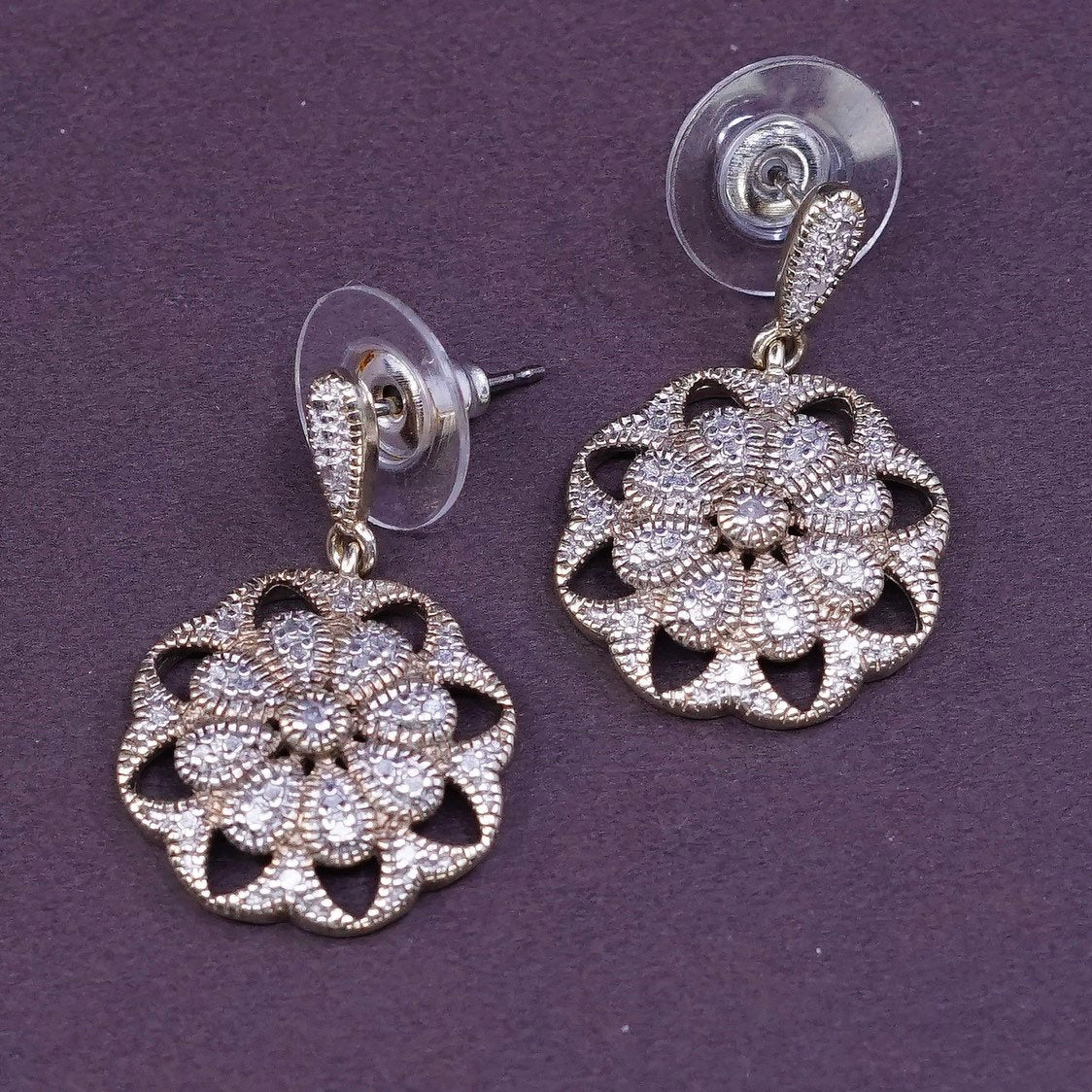 VTG vermeil gold over Sterling silver earrings, 925 flower with Diamond