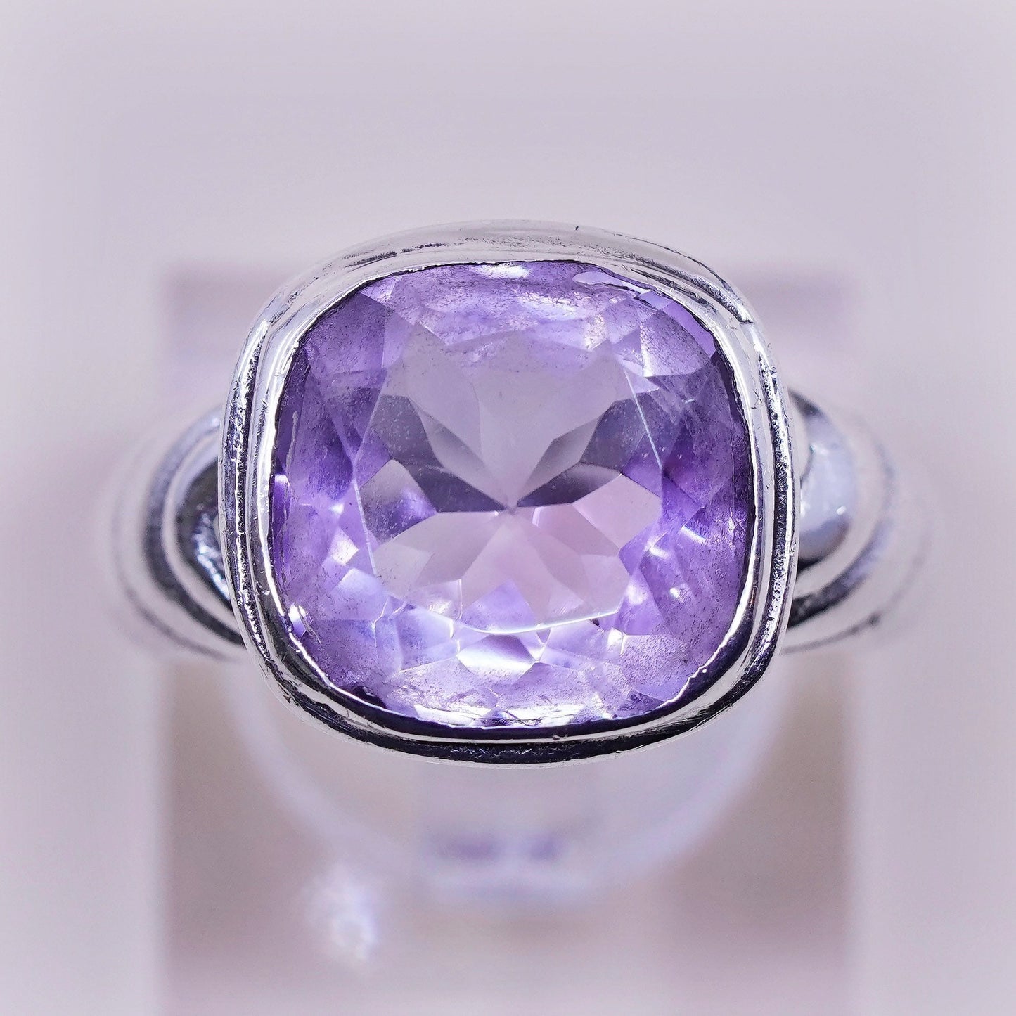 Size 6.5, vintage Sterling silver handmade ring, 925 band checker cut amethyst