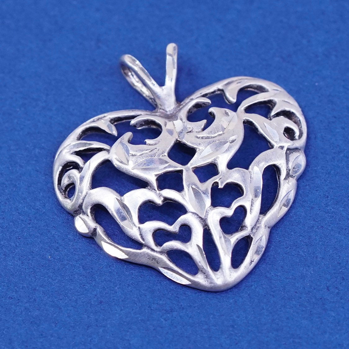 vtg Avon Sterling silver handmade pendant, 925 filigree heart with two birds