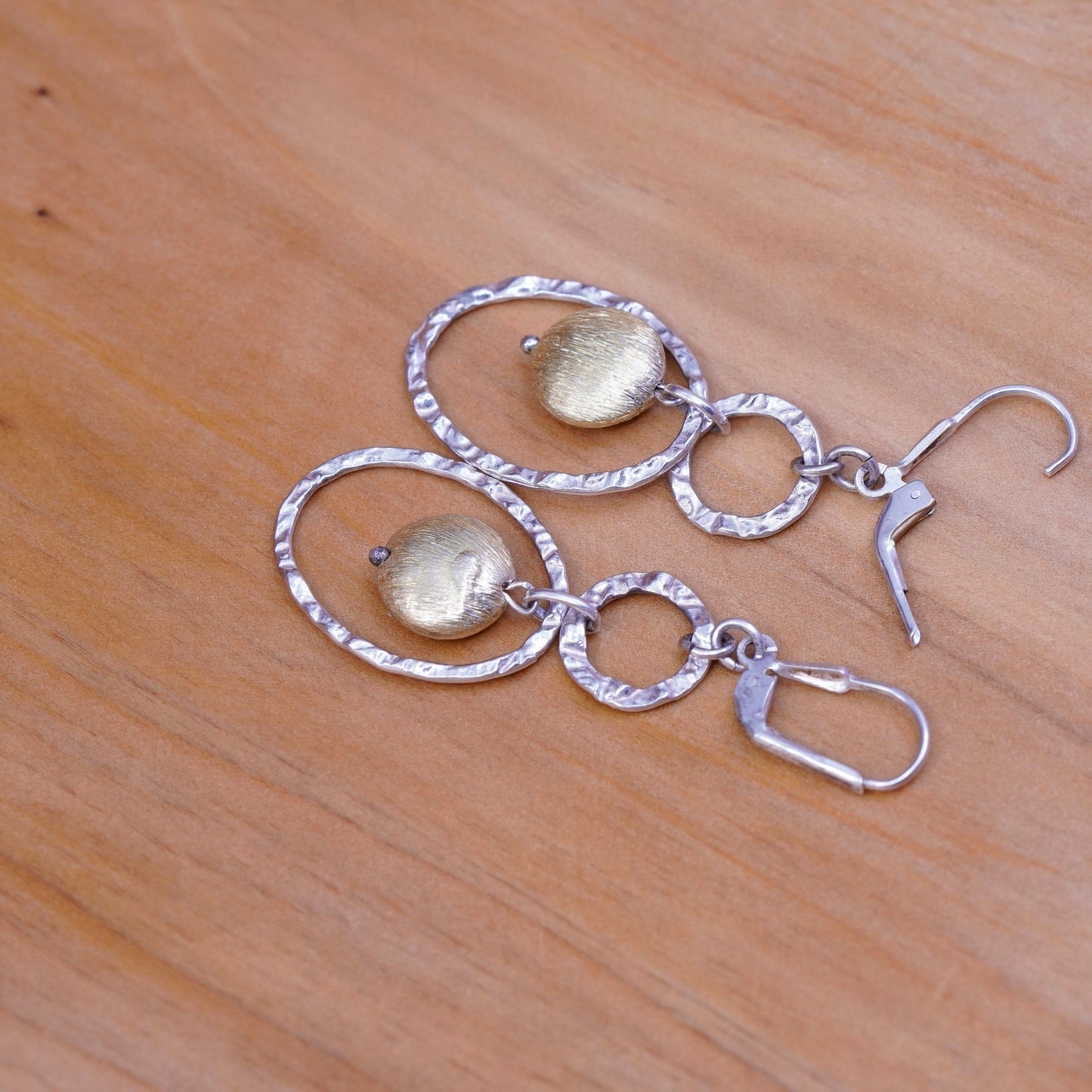two tone Sterling 925 silver handmade circle earrings with brass bead dangles
