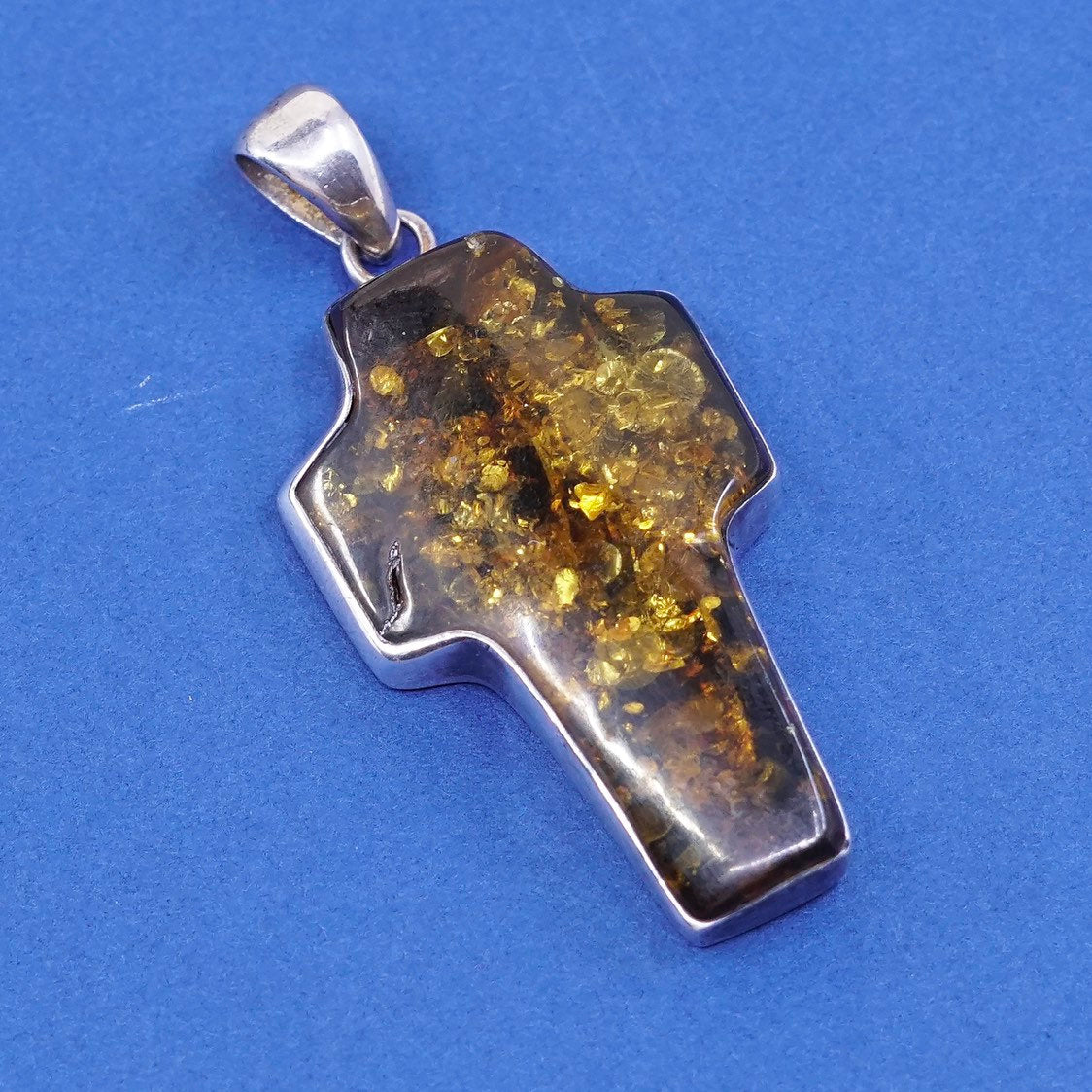 vtg Sterling silver handmade pendant, 925 cross w/ Amber