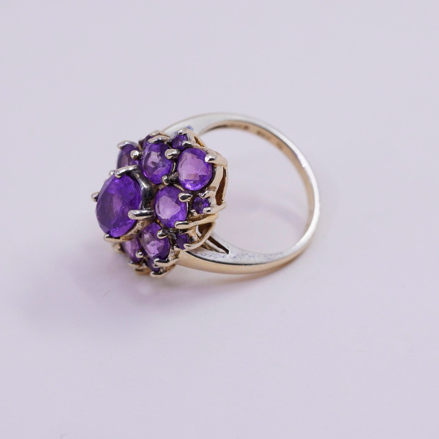 Size 7.25, vtg vermeil gold filled Sterling 925 silver cocktail ring amethyst