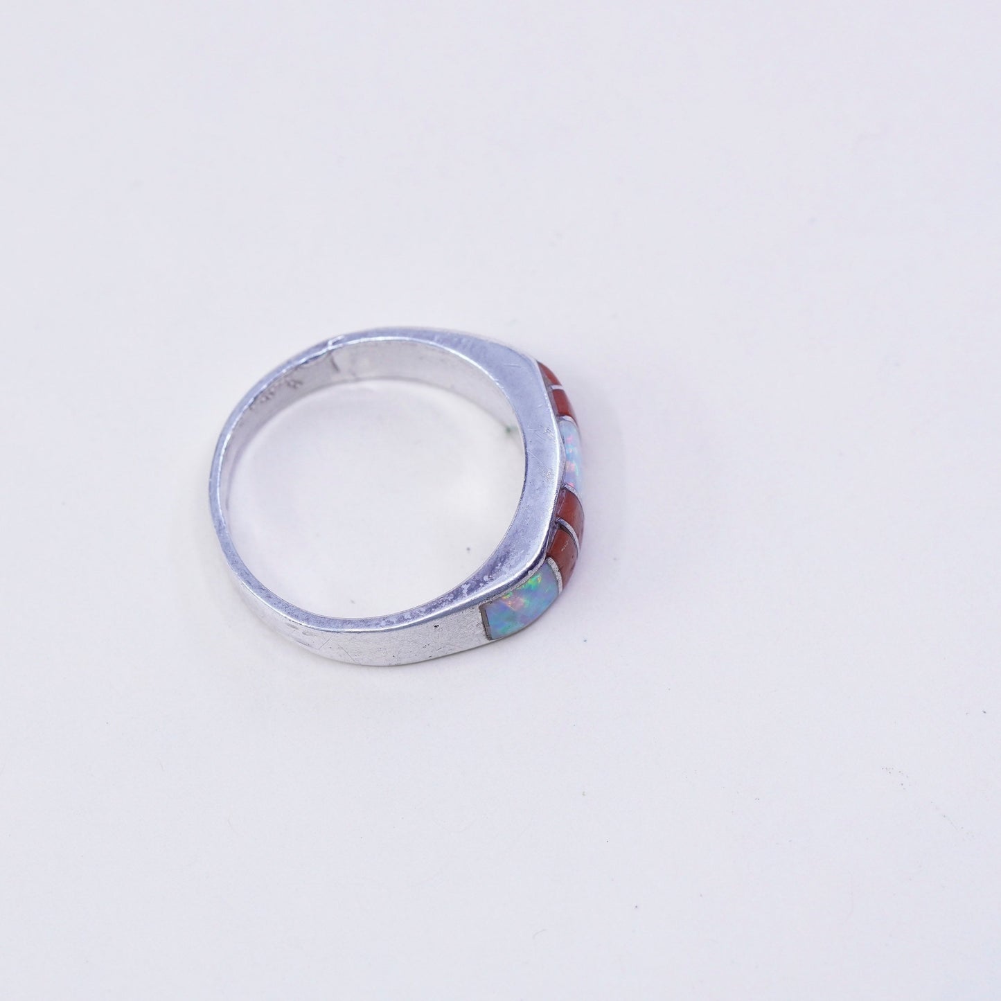 sz 9.25, vtg zuni Sterling silver handmade ring, 925 band w/ fire opal N coral