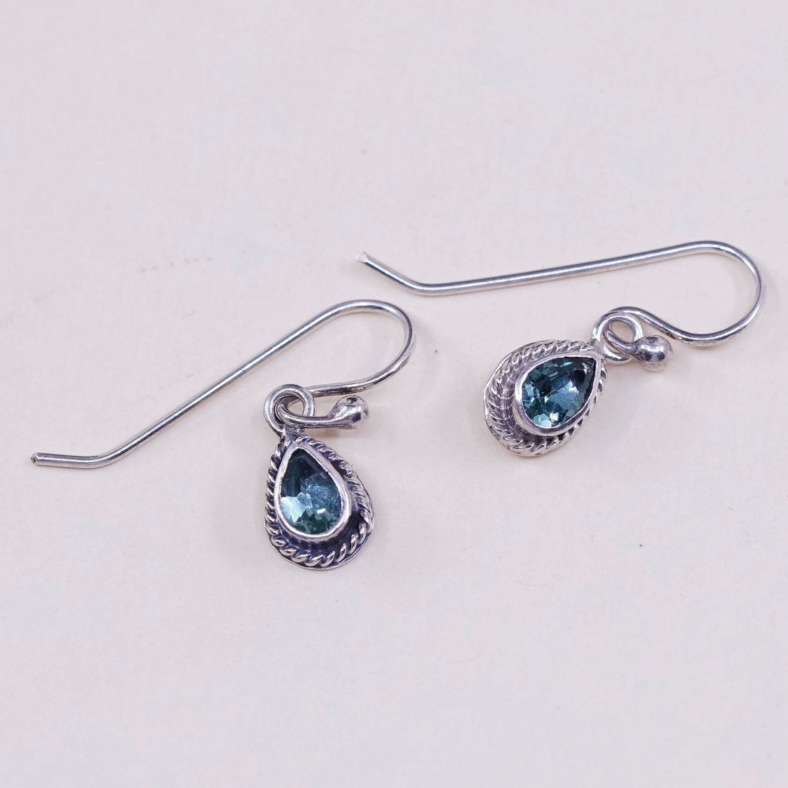 vtg sterling silver handmade earrings, 925 w/ teardrop blue topaz drops