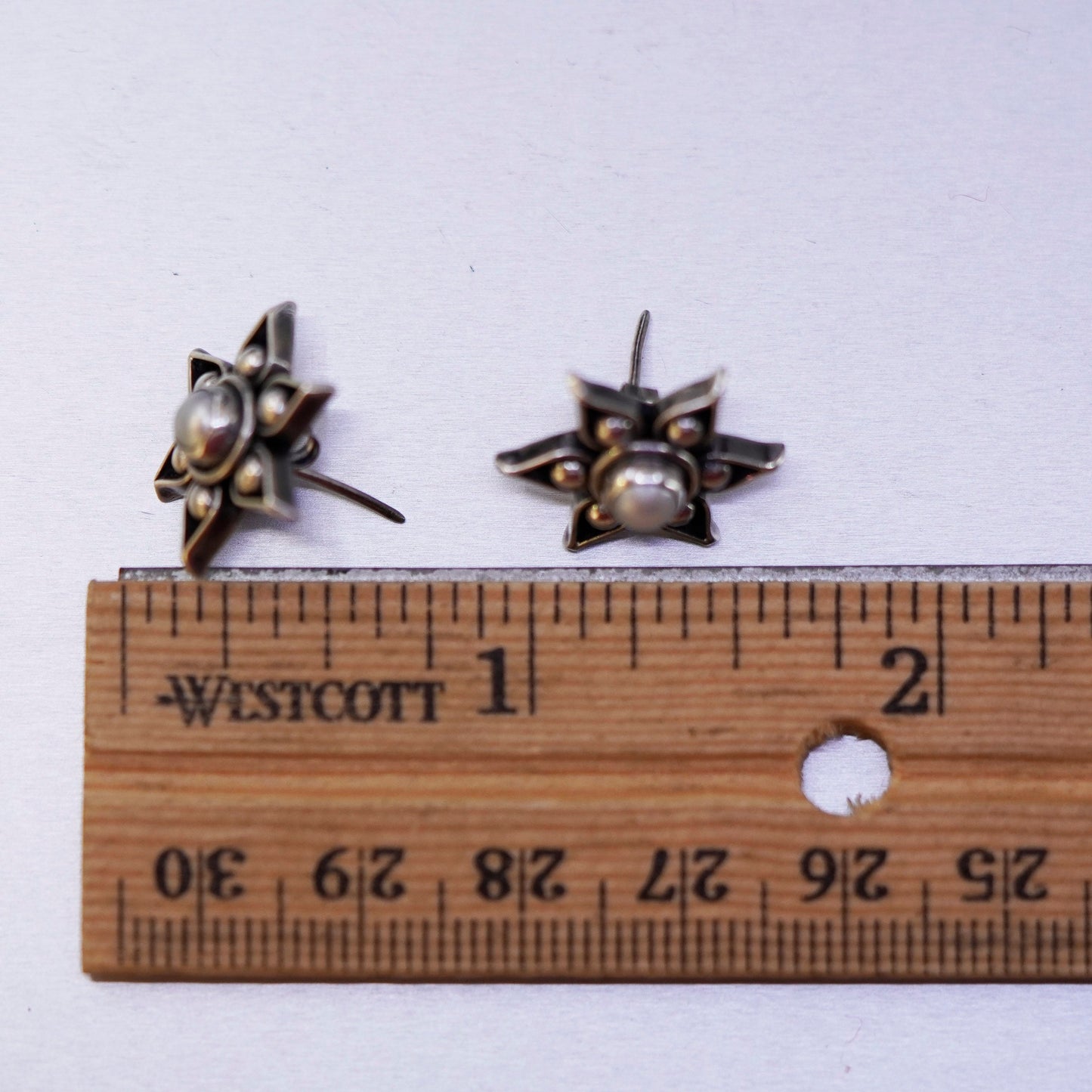 Sterling 925 silver handmade earrings, flower snowflake studs pearl beads