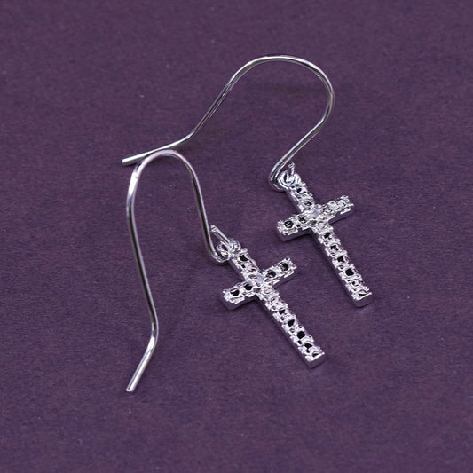 vtg Sterling silver handmade earrings, 925 cross dangle w/ diamond