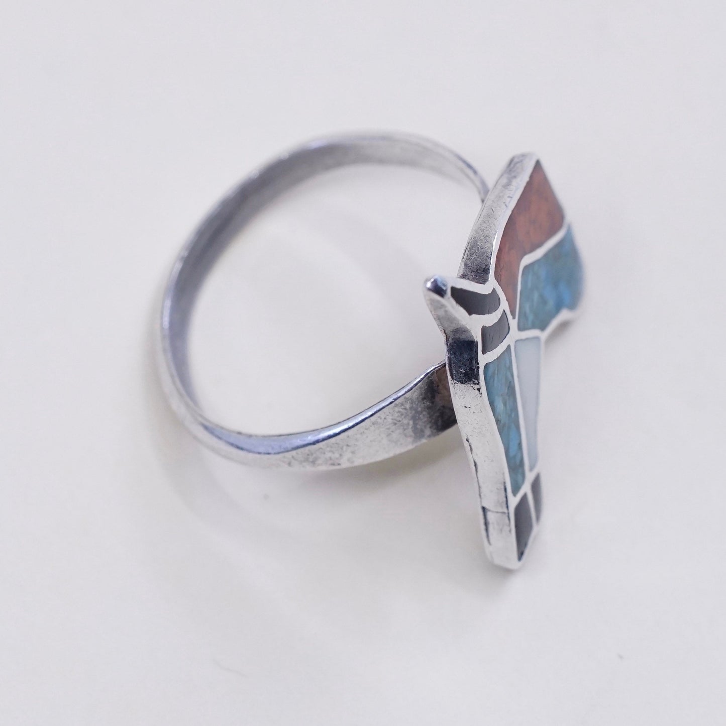 sz 7.5, vtg natives American Sterling silver ring, 925 horse w/ turquoise coral