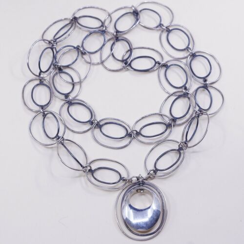 28”, Two Tone 925 Sterling Silver Huge Oval Link necklace W/ Oval Pendant