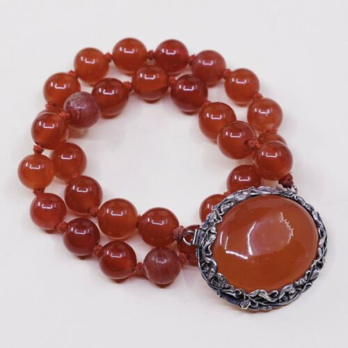 17”, Vtg Sterling Silver 925 Handmade necklace w/ Genuine Carnelian Pendant Bead