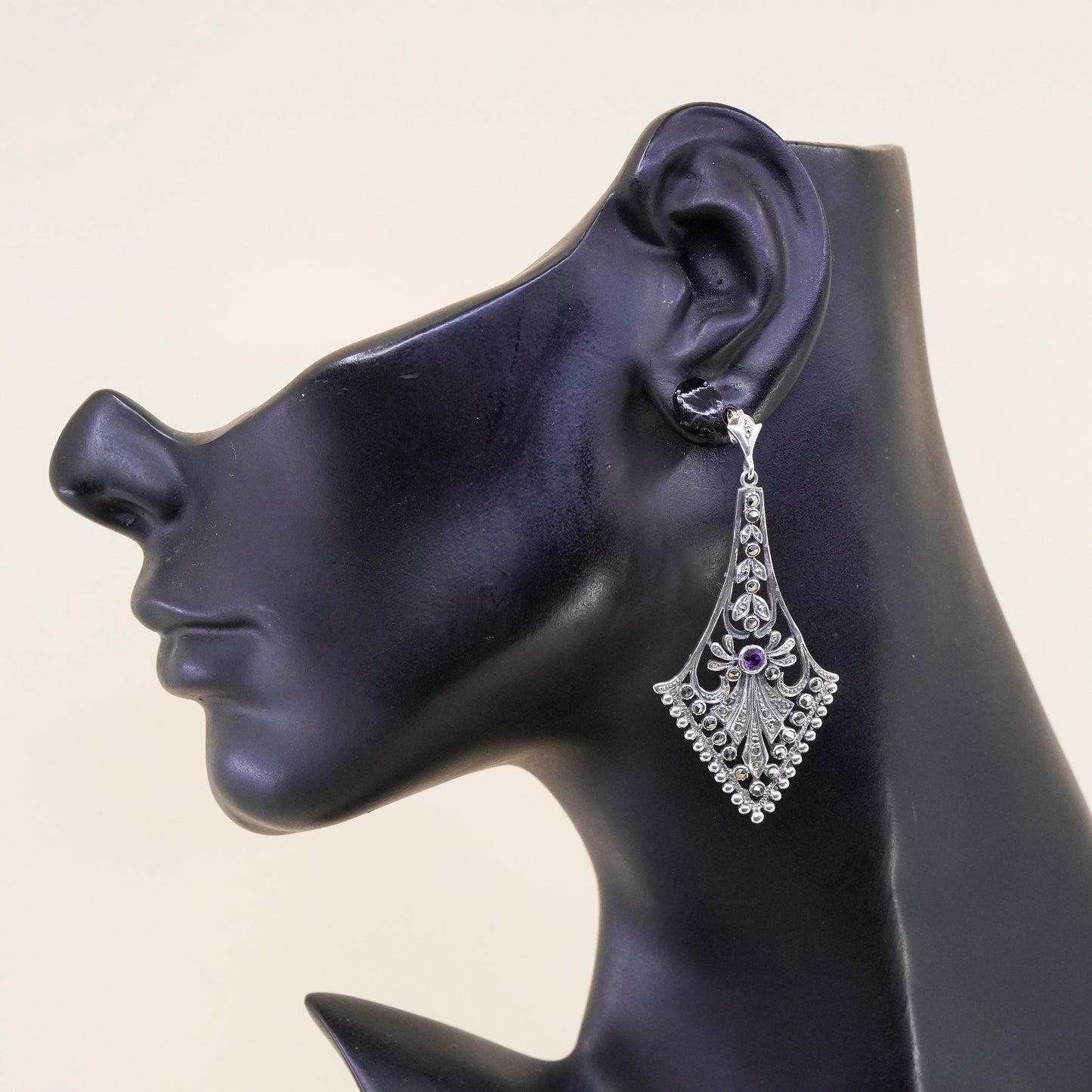 Vintage Sterling silver handmade earrings, 925 teardrop with marcasite amethyst