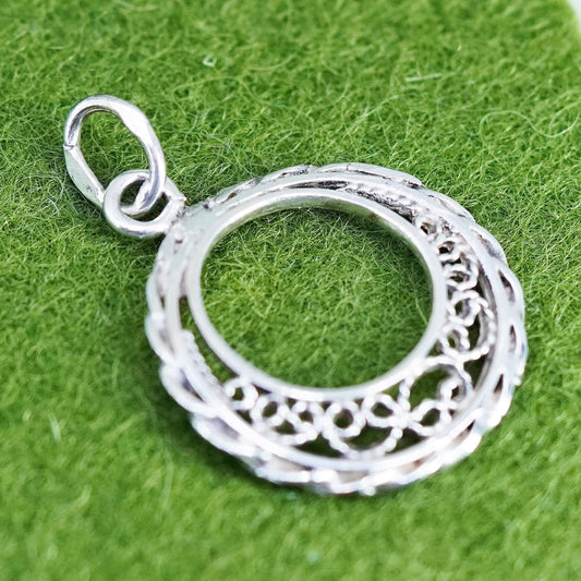 Vintage sterling silver handmade filigree pendant, 925 circle charm