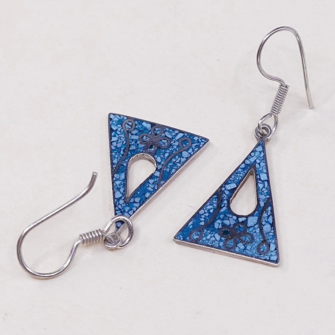 vtg Sterling silver handmade earrings, 925 triangular dangles n turquoise