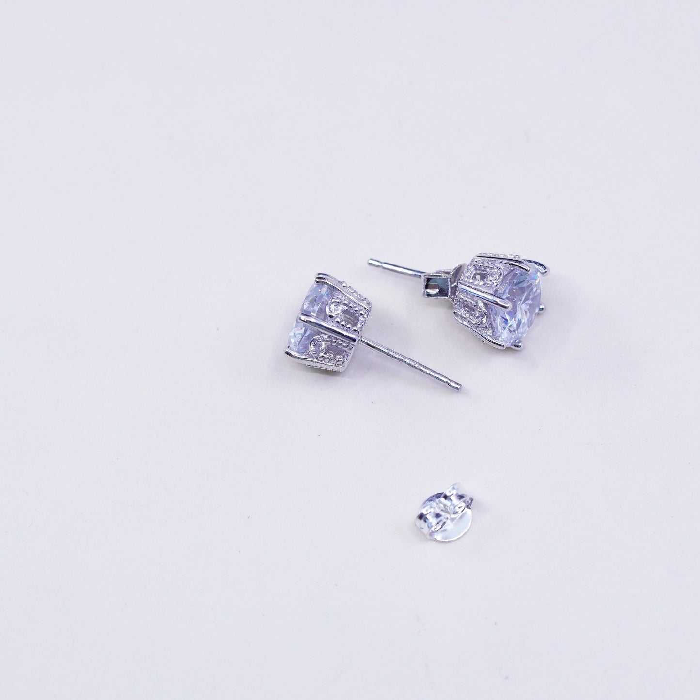 8mm, Vintage sterling silver genuine cz studs, filigree crown earrings