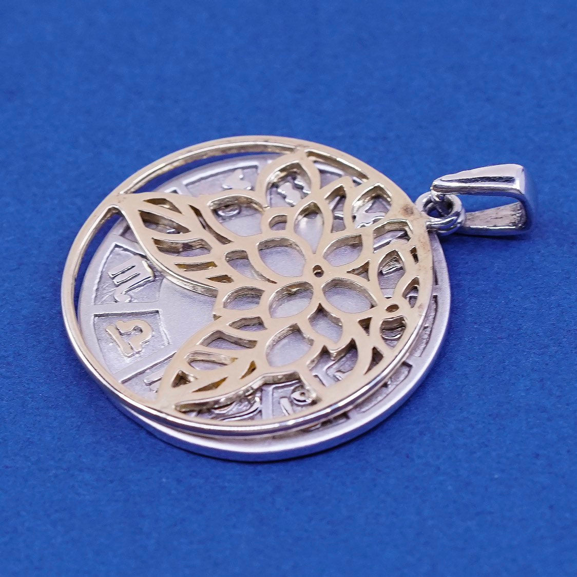 vtg Two Tone sterling silver Handmade pendant, 925 Libra Filigree flower