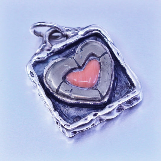 peyote bird sterling 925 silver rectangular pendant w/ hematite coral heart