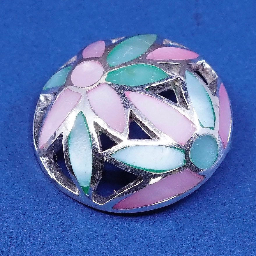 vtg Sterling 925 silver handmade pendant w/ pink and blue mother of pearl